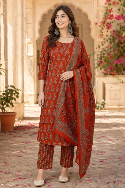 Rabric rust red cotton kurta pant set with dupatta for women front view featuring printed long kurta with 3/4 sleeves and straight pants