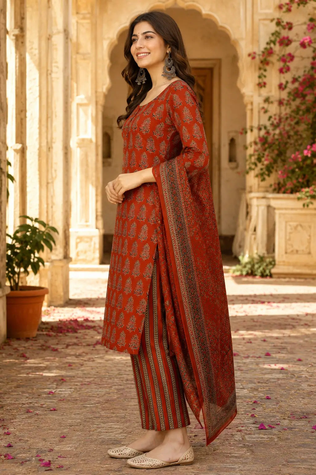 Side angle view of Rabric rust red cotton kurta pant set with dupatta featuring long straight fit kurta and striped pants