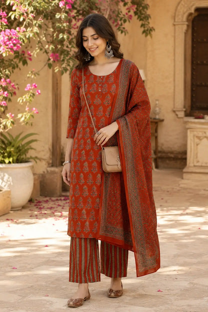 Rabric rust red cotton kurta pant set with dupatta styled in elegant ethnic lifestyle look for women