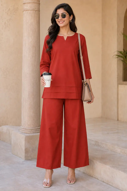 Rabric rust red cotton solid co-ord set for women styled as casual outdoor wear with wide leg pants