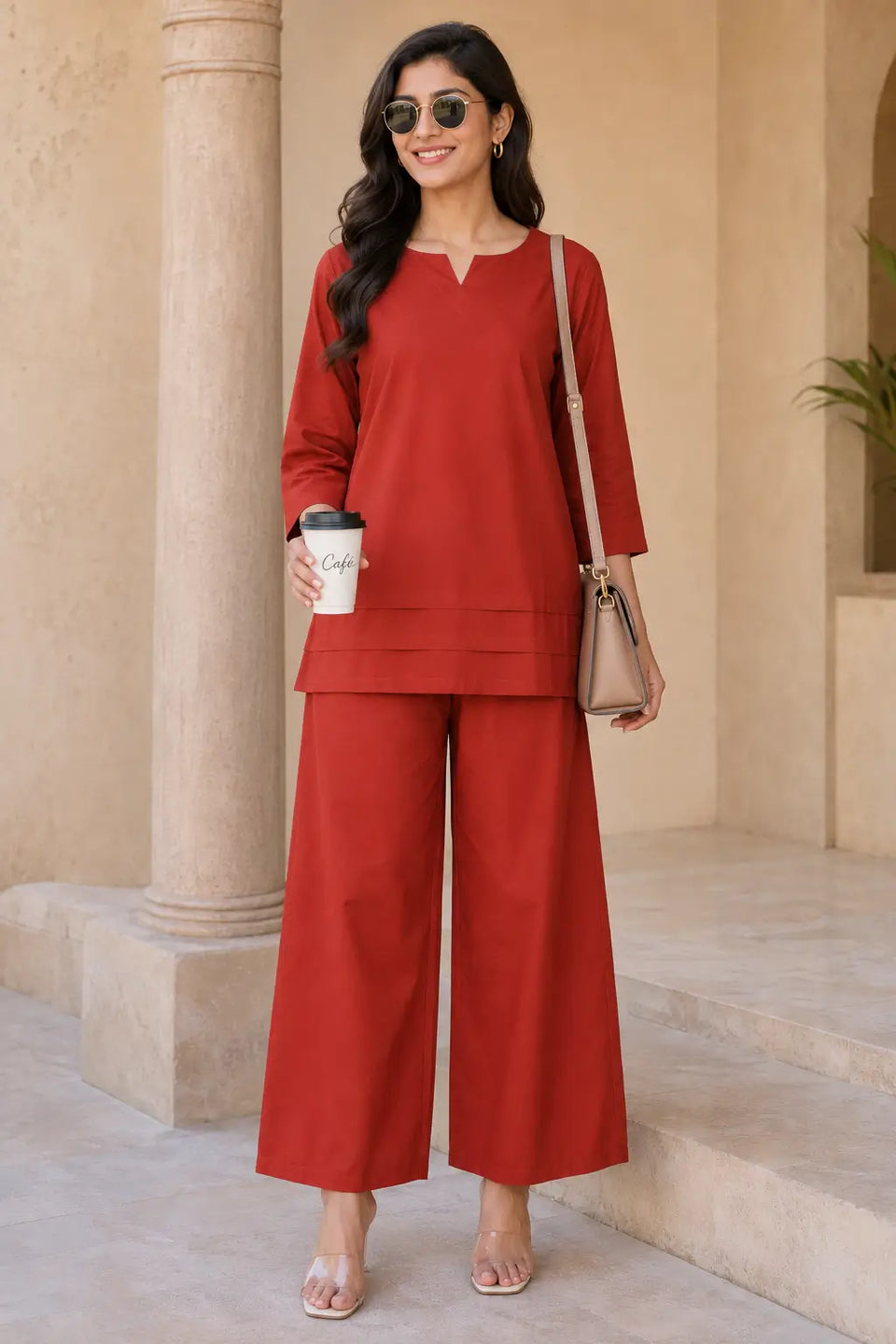 Rabric rust red cotton solid co-ord set for women styled as casual outdoor wear with wide leg pants