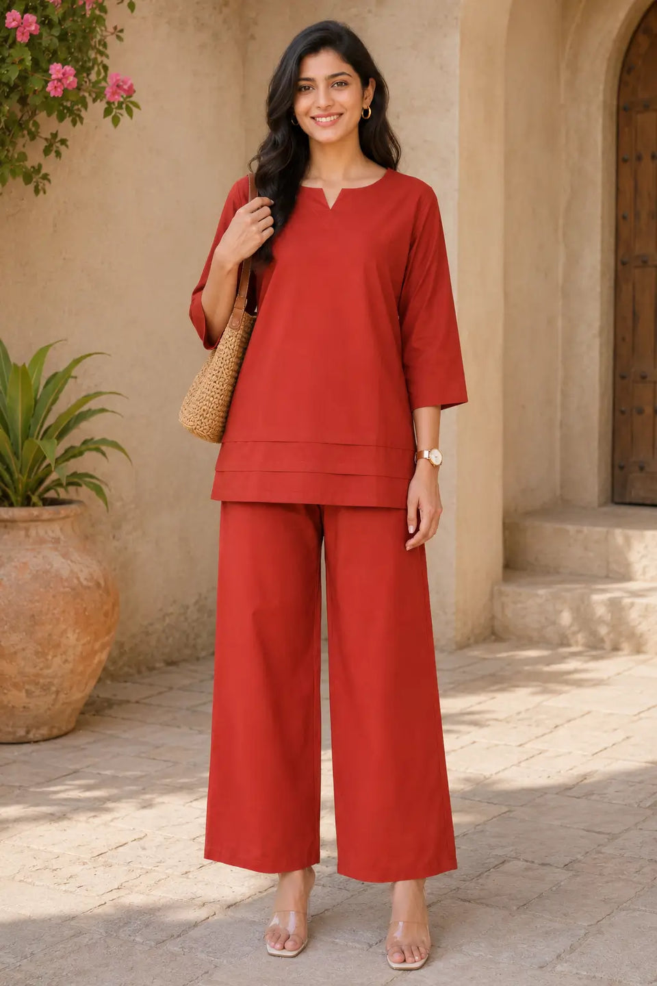 Rabric rust red cotton solid co-ord set for women front view with notch neck top and wide leg pants