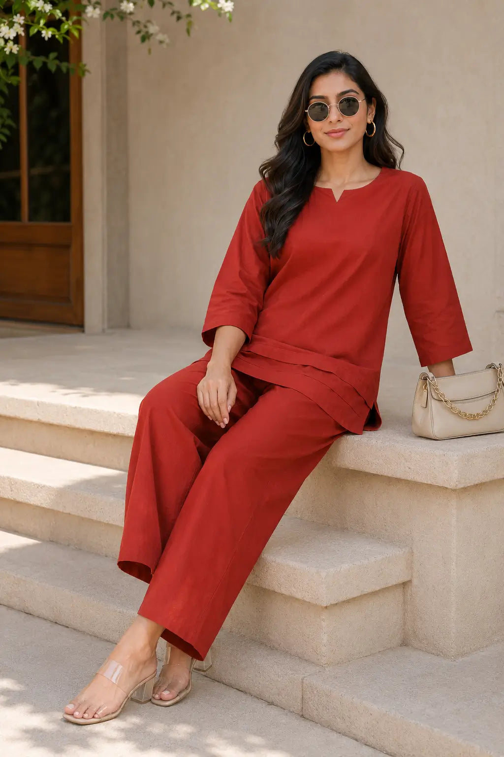 Rabric rust red cotton solid co-ord set for women in casual sitting pose with handbag and sunglasses