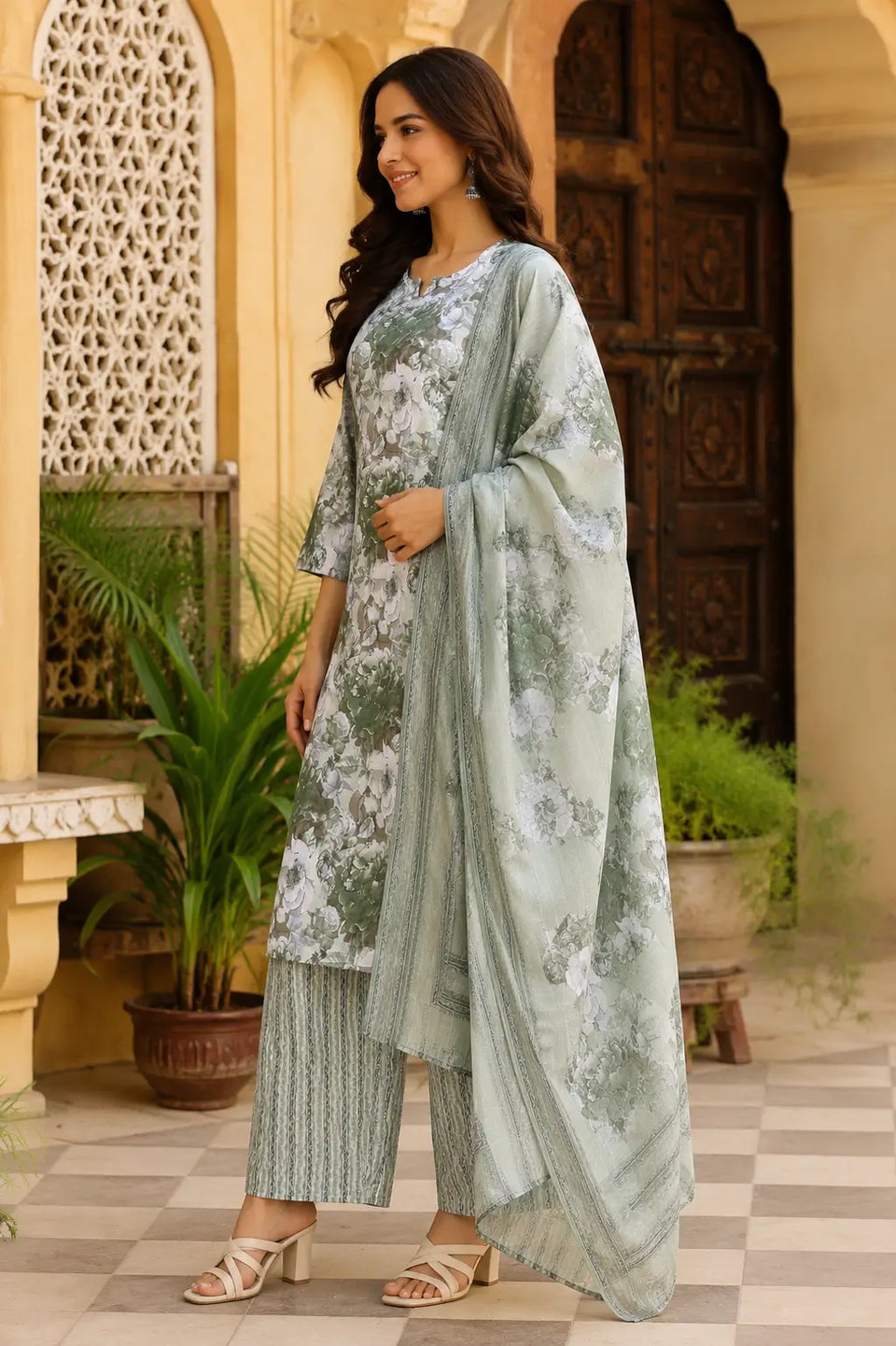 Side angle view of Rabric sage green cambric cotton floral kurta pant set with printed dupatta and elegant 3-4 sleeves