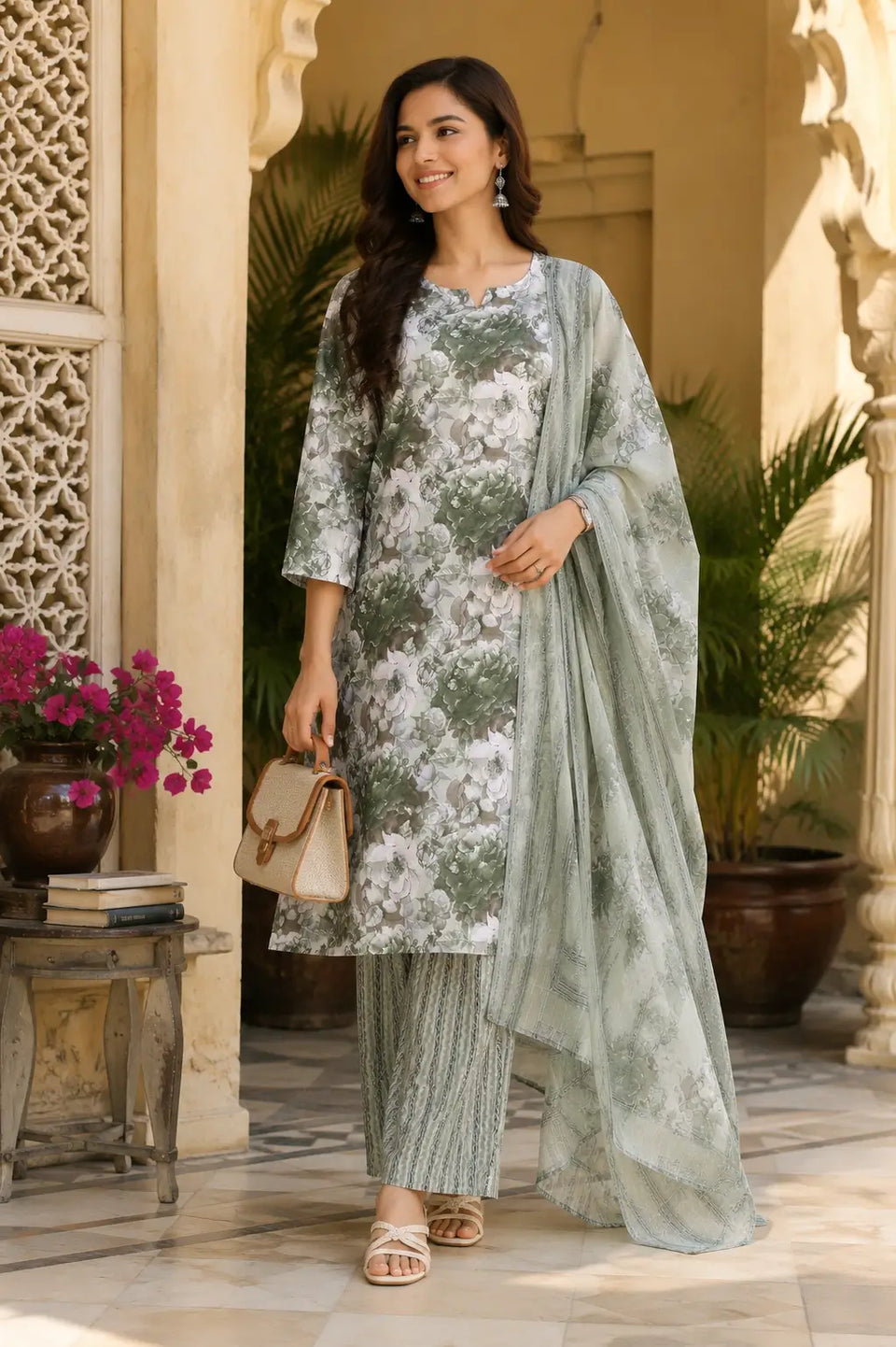 Woman wearing Rabric sage green cambric cotton floral kurta pant set with dupatta styled with casual accessories in lifestyle setting