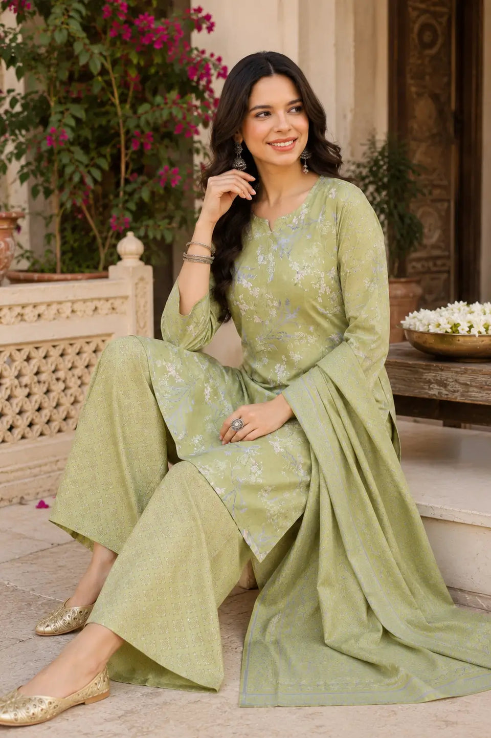 Rabric sage green cambric cotton kurta pant set with dupatta in casual sitting pose with traditional accessories for women