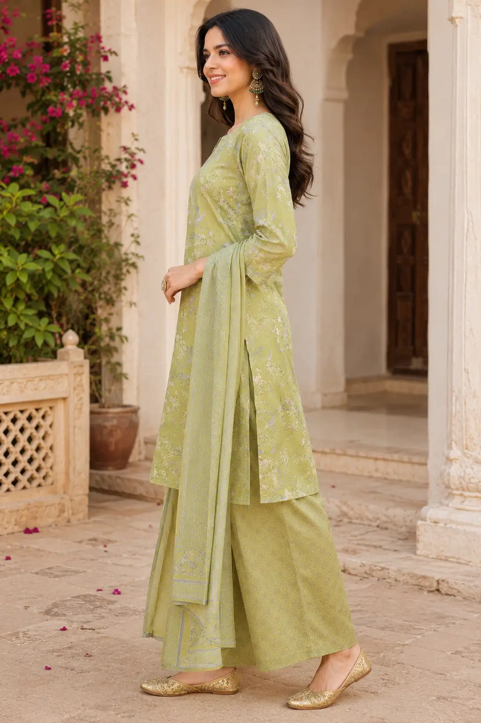 Side angle view of Rabric sage green cambric cotton kurta pant set with dupatta for women featuring floral print straight kurta