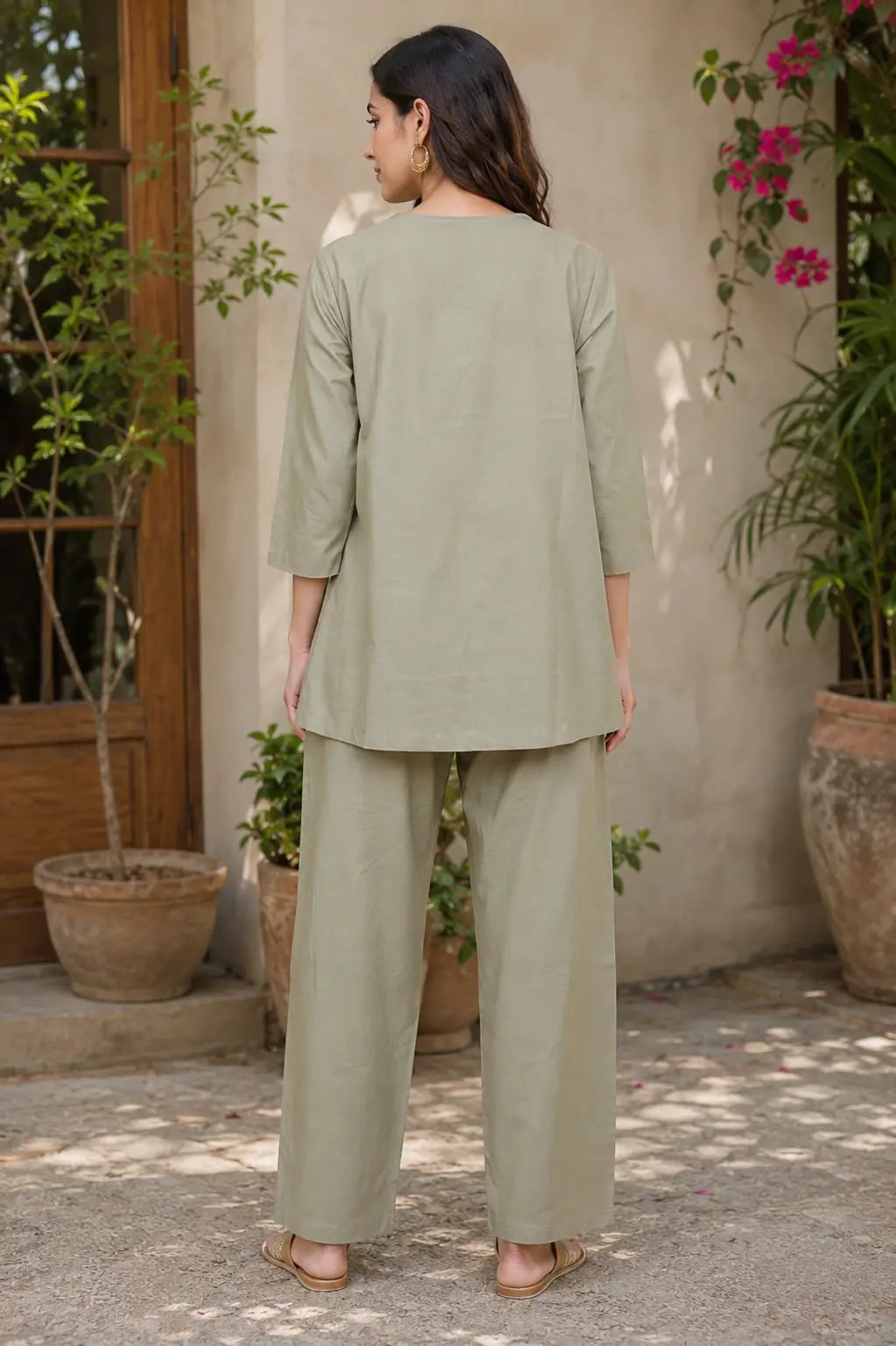 Back view of Rabric sage green cotton co-ord set with plain cotton kurti and wide leg pajama for women