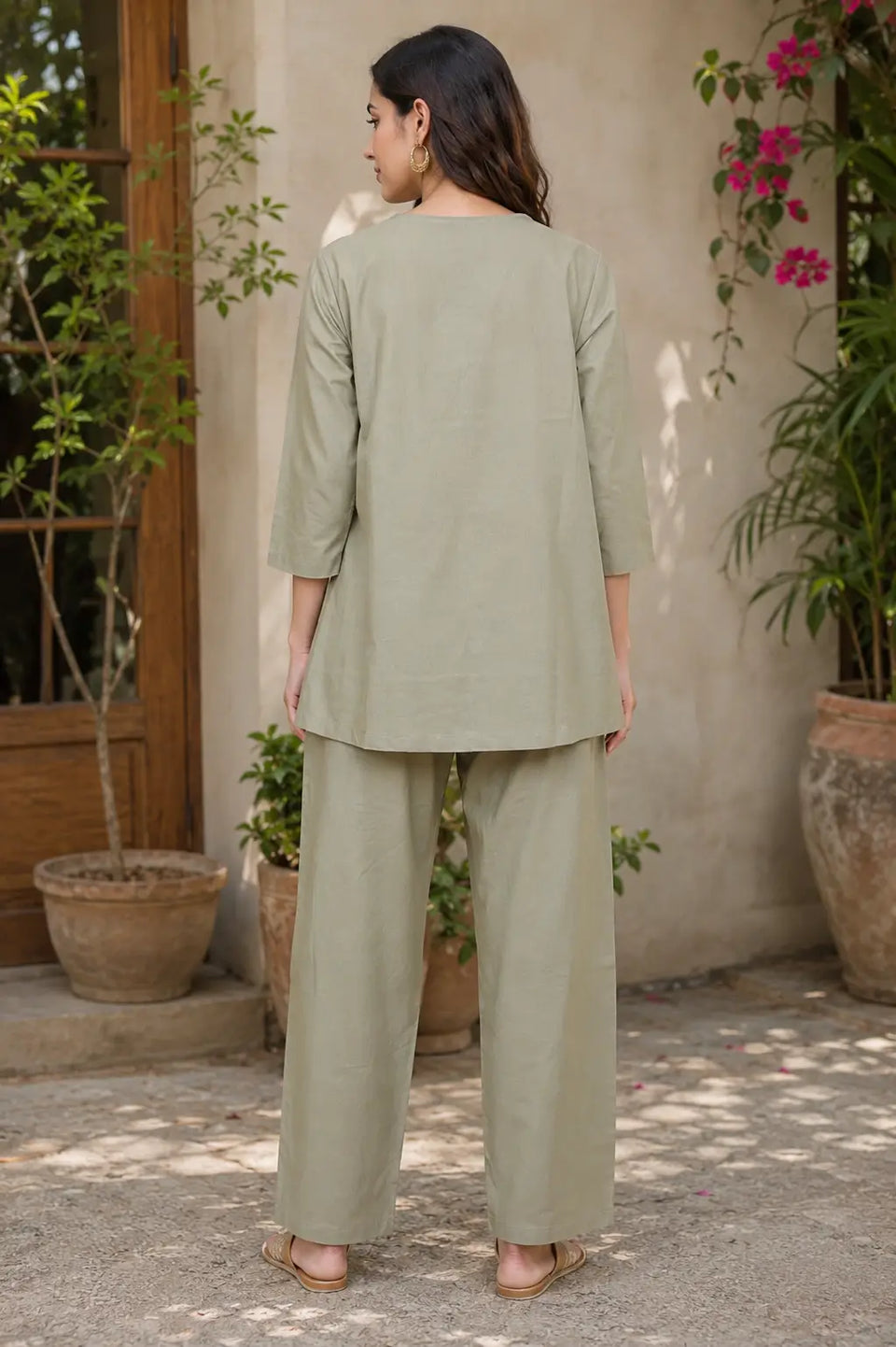 Back view of Rabric sage green cotton co-ord set with plain cotton kurti and wide leg pajama for women