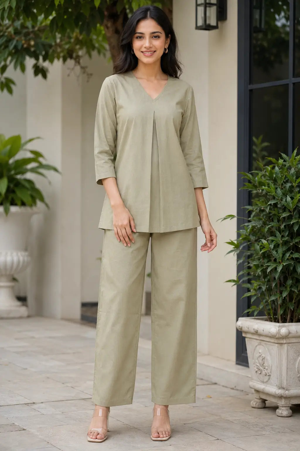 Women’s sage green cotton co-ord set by Rabric styled in garden lifestyle look with solid plain design