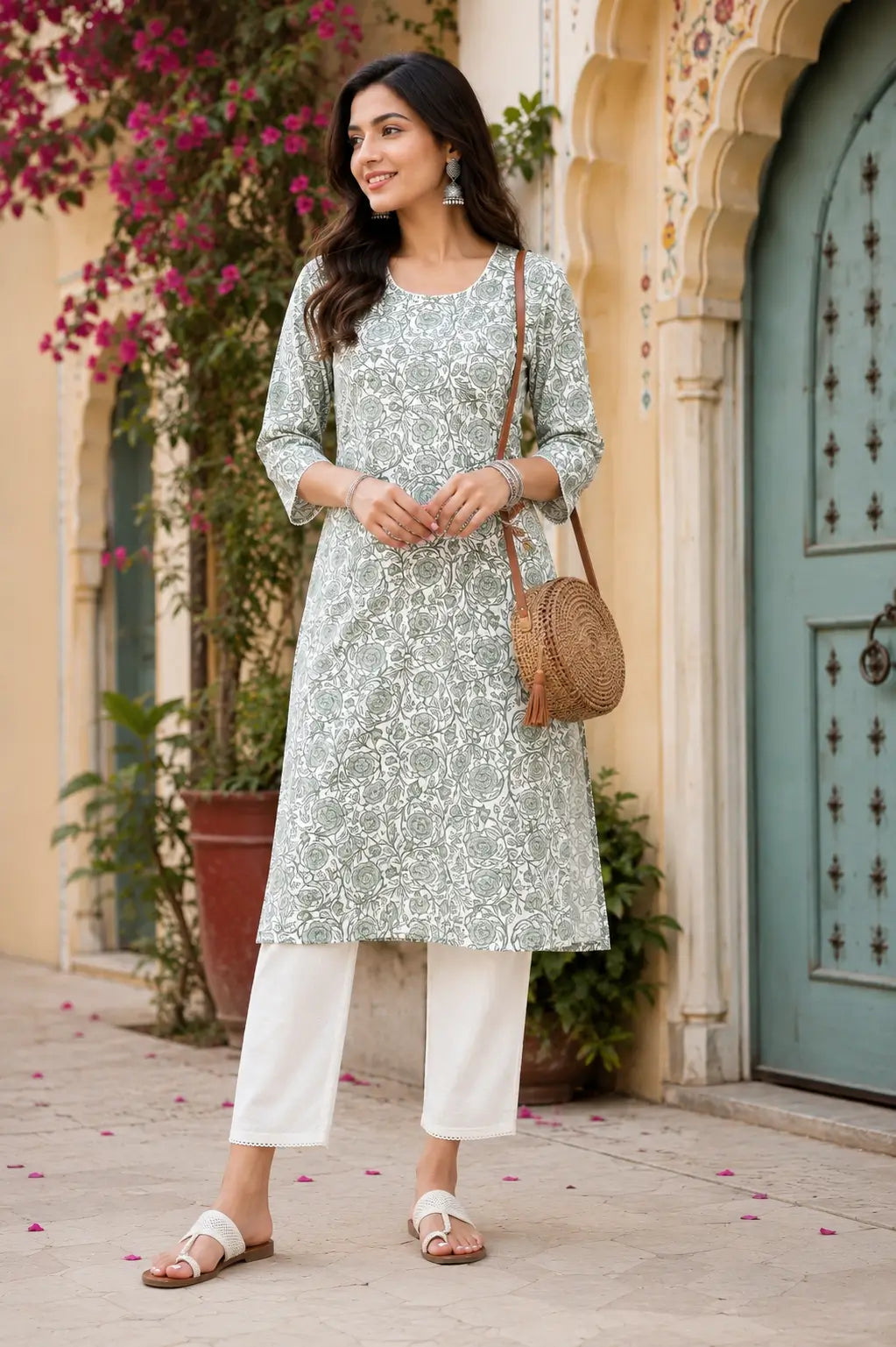 Rabric sage green cotton floral kurti styled for casual lifestyle fashion with modern ethnic look