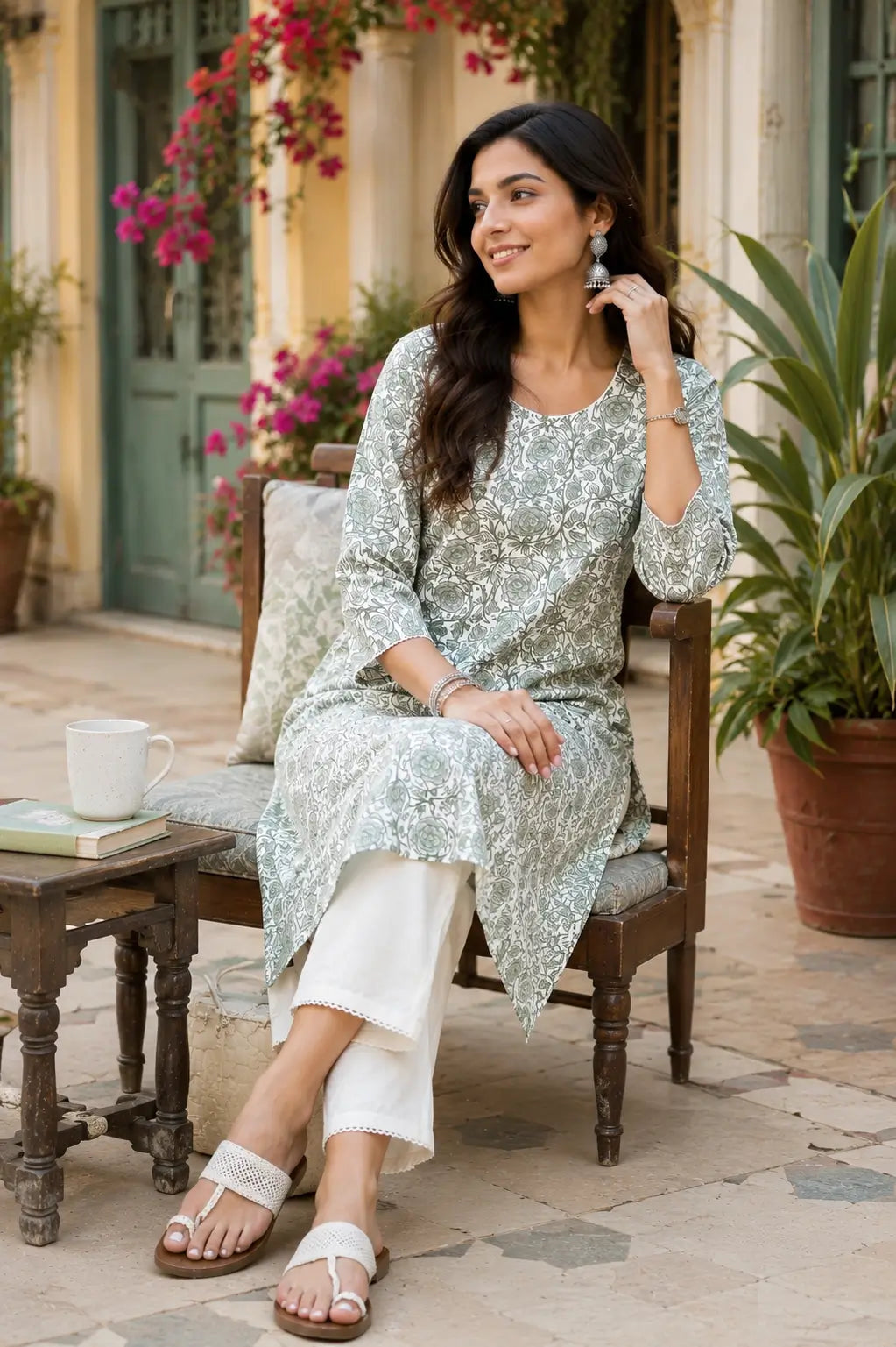 Rabric sage green floral cotton women kurti in relaxed sitting pose with elegant ethnic styling