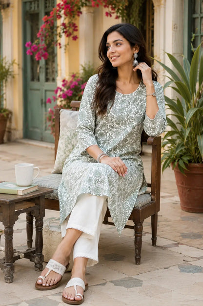 Rabric sage green floral cotton women kurti in relaxed sitting pose with elegant ethnic styling