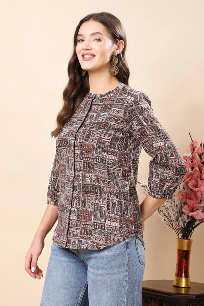Stylish Button-Down Shirt Style Top with Three-Quarter Sleeves – Side View