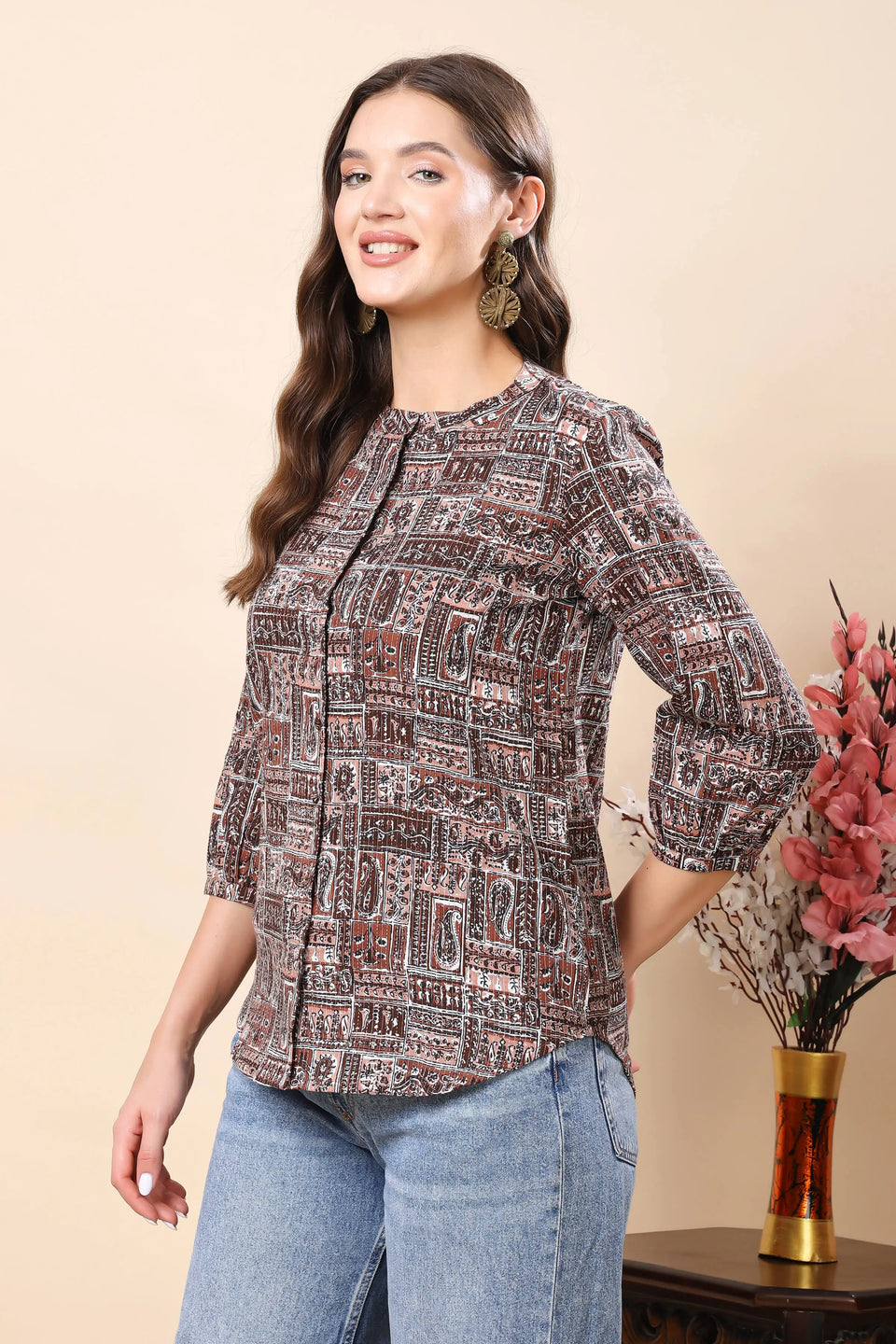 Stylish Button-Down Shirt Style Top with Three-Quarter Sleeves – Side View