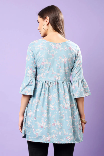 Back View of Rabric Sky Blue Floral Short Kurti
