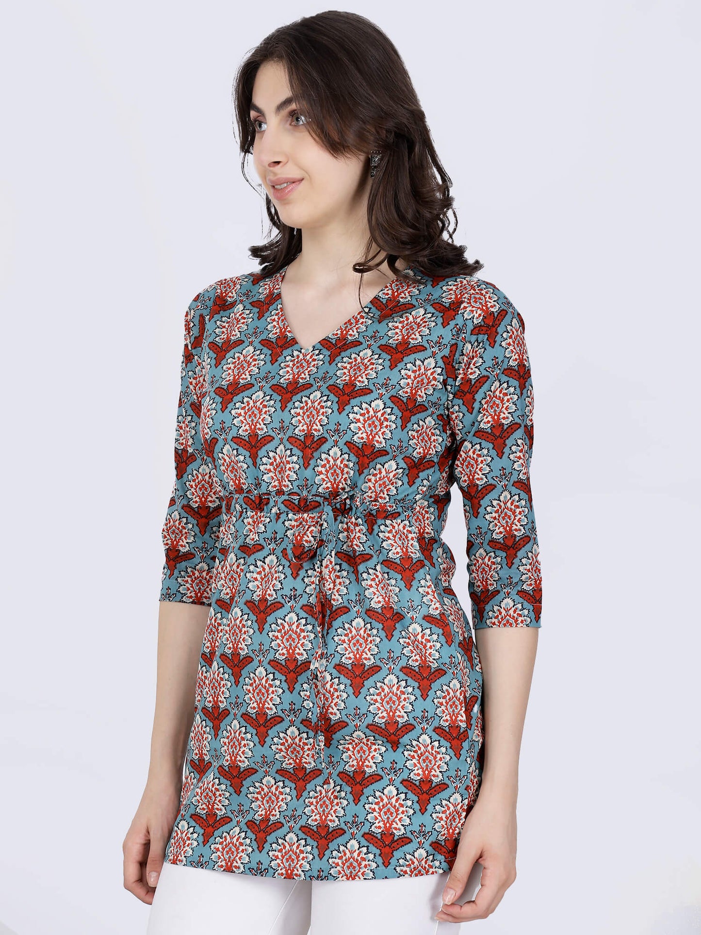Casual styling look of Rabric Premium Red & Blue Cotton Short Kurti