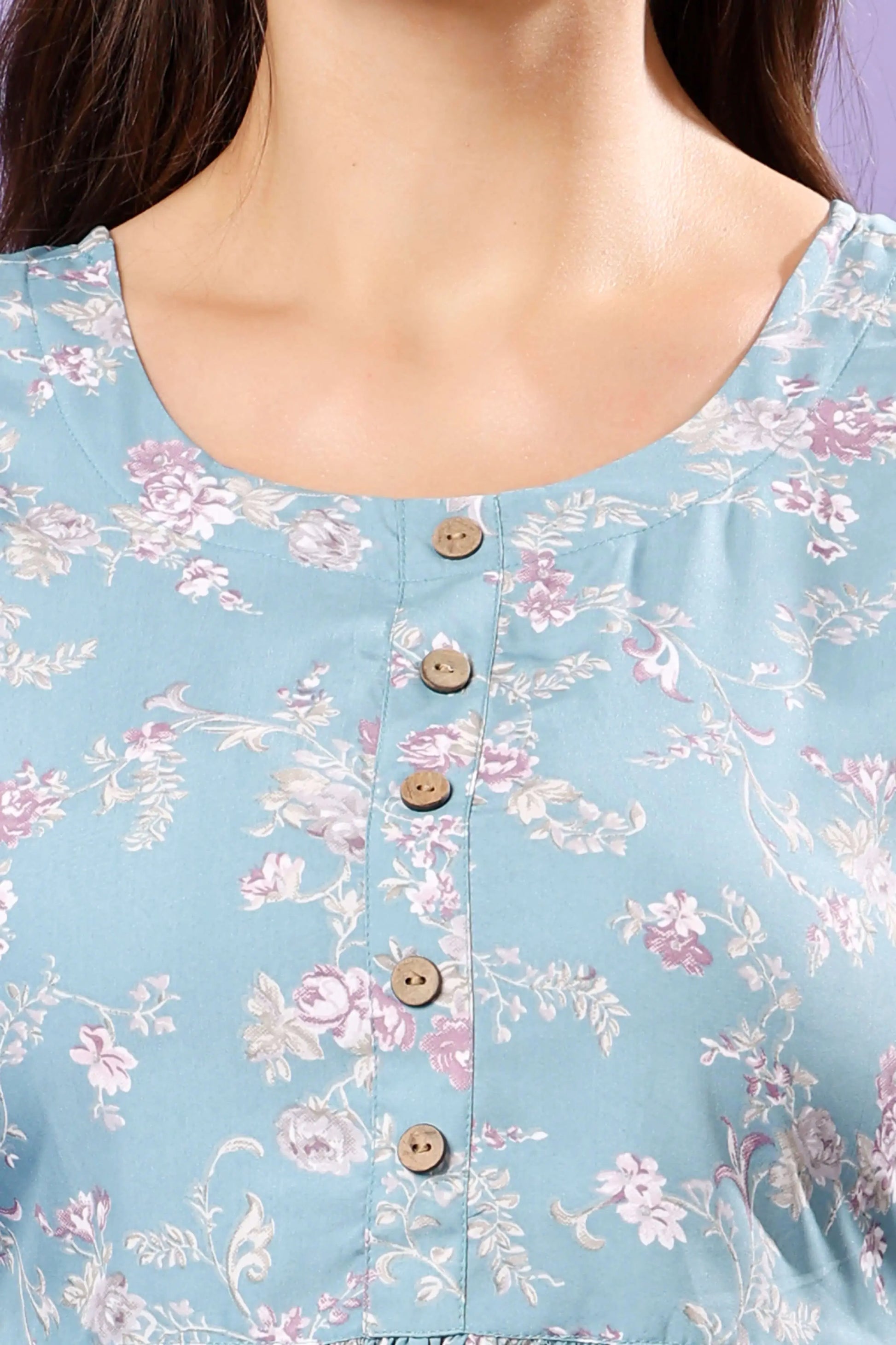 Close-up of Wooden Buttons on Floral Short Kurti