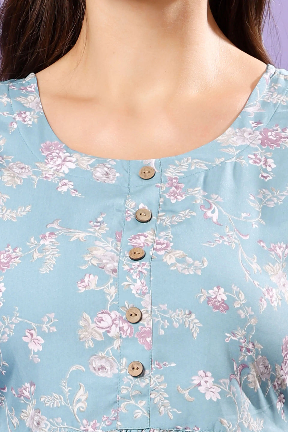 Close-up of Wooden Buttons on Floral Short Kurti