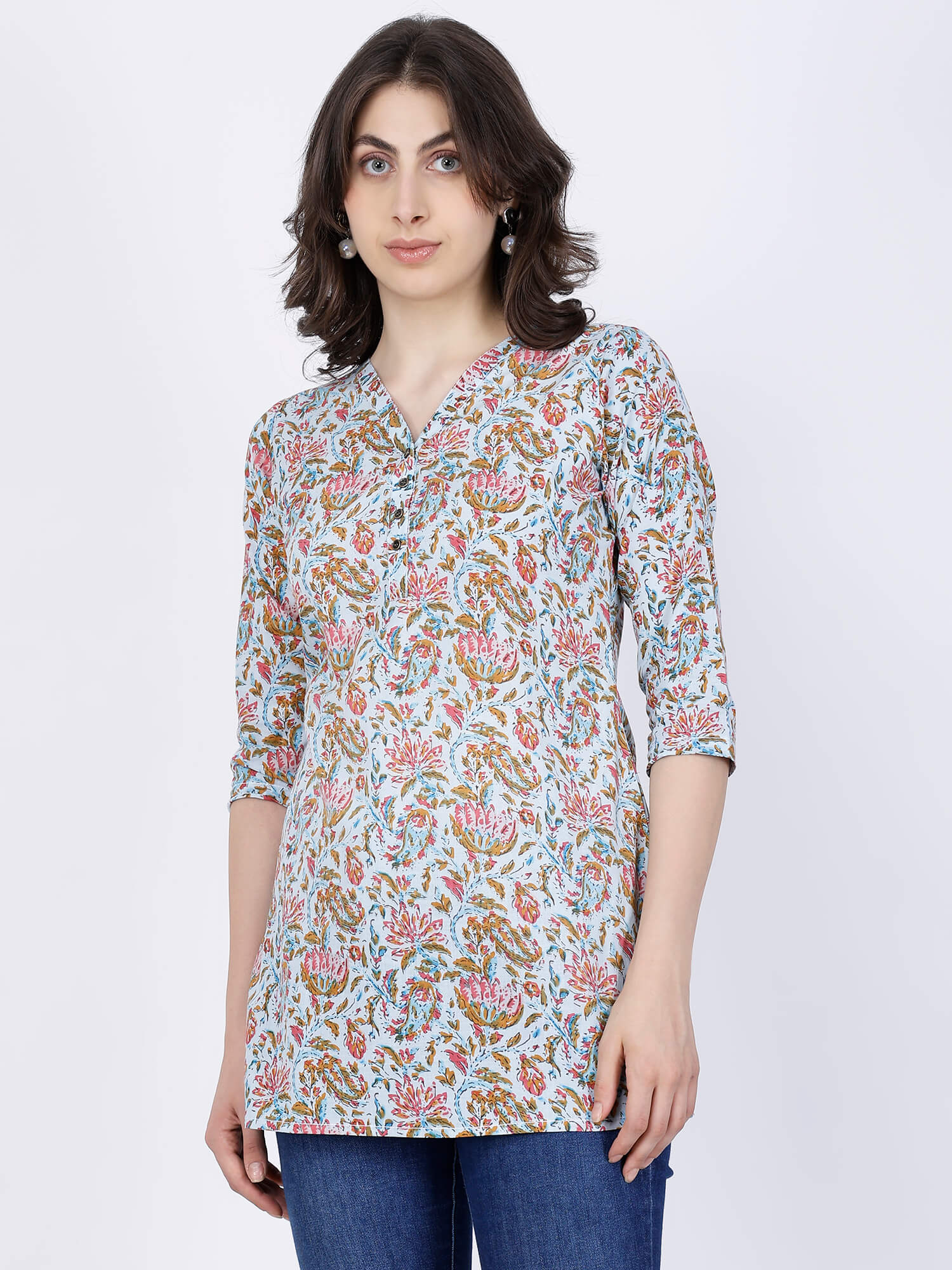 Side View of Premium Floral Print Cotton Short Kurti by Rabric