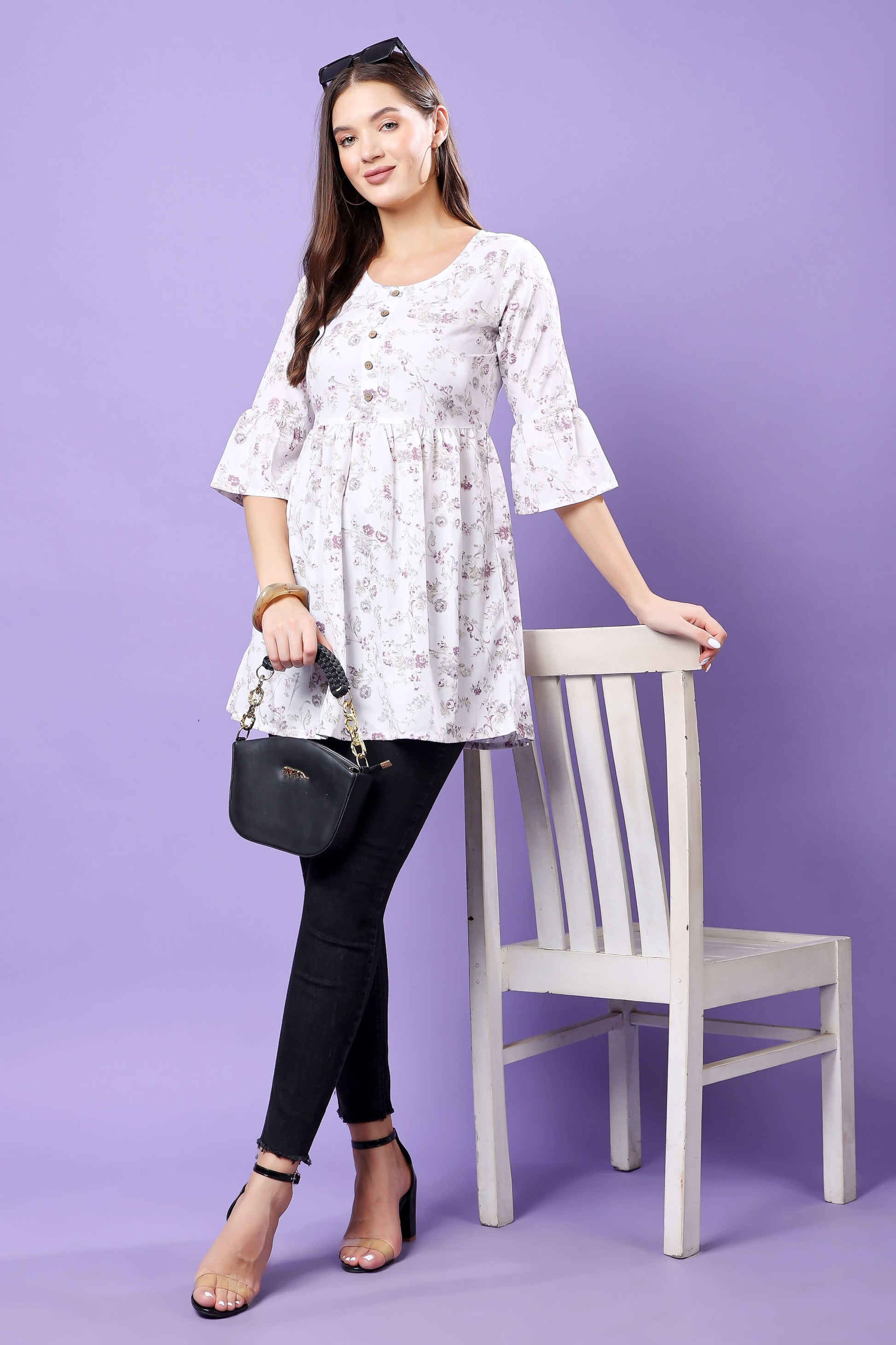 Model Wearing Rabric Floral Short Kurti for Women