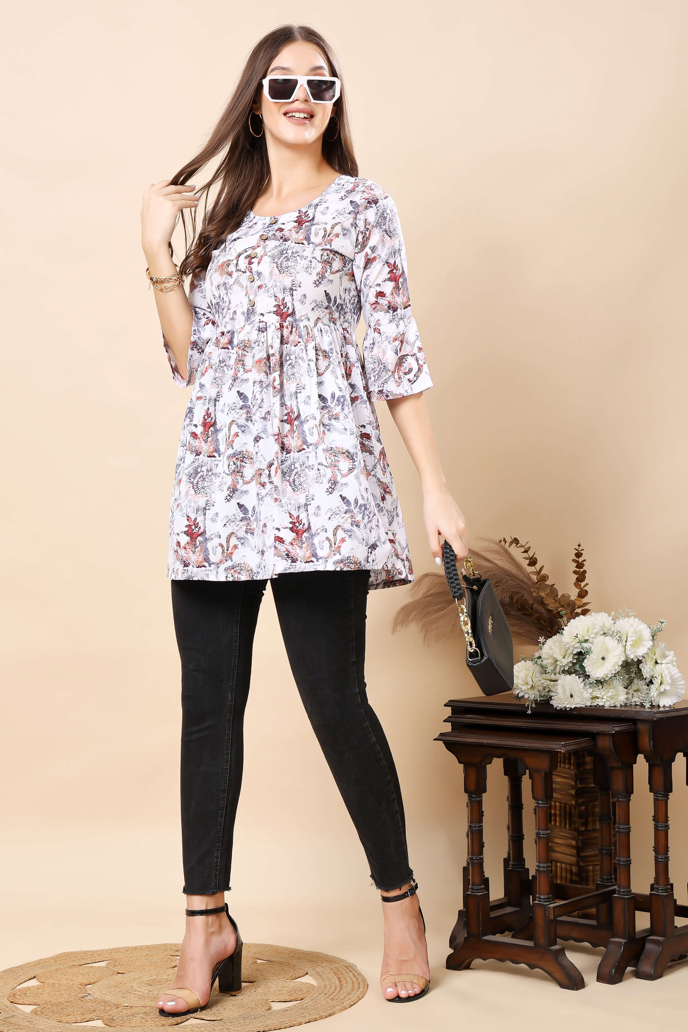 Women Styling Rabric Short Kurti with Black Jeans