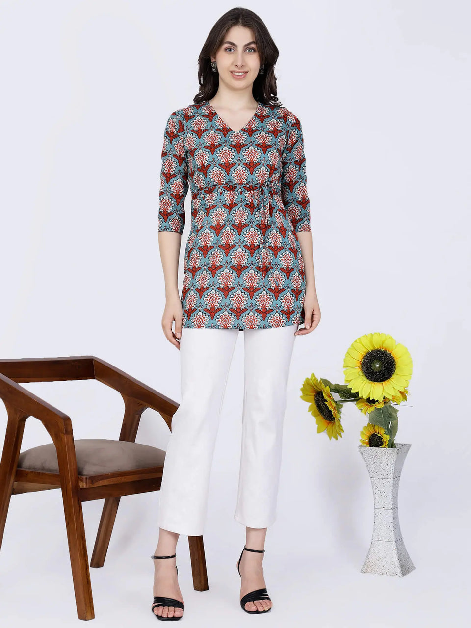 Styling idea with white pants for Premium Red & Blue Short Kurti
