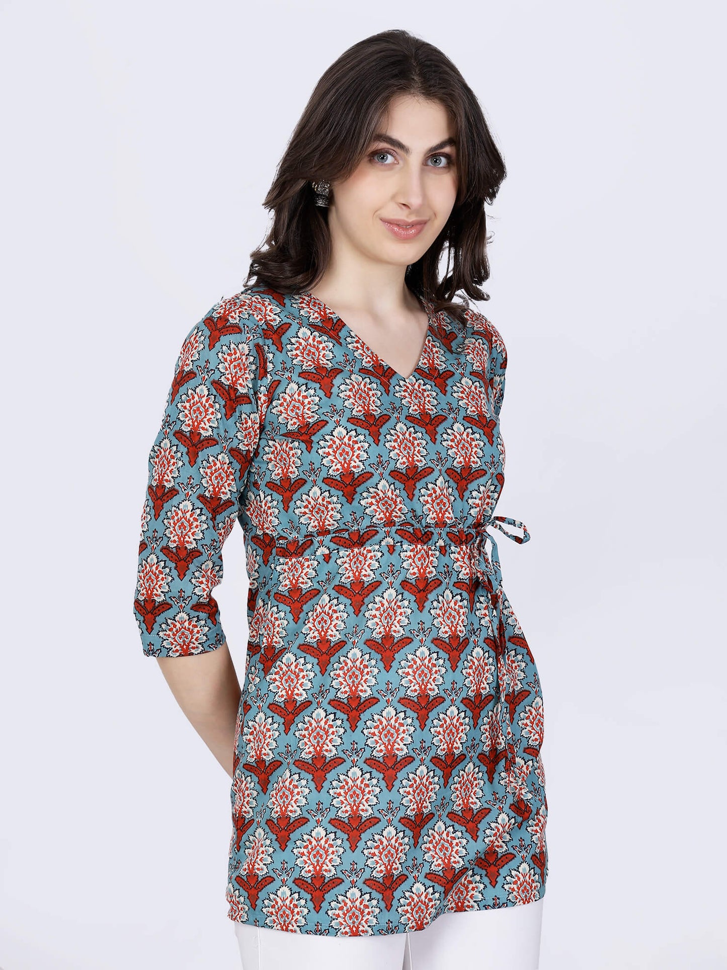 Adjustable waist tie-up detail on Premium Cotton Short Kurti by Rabric