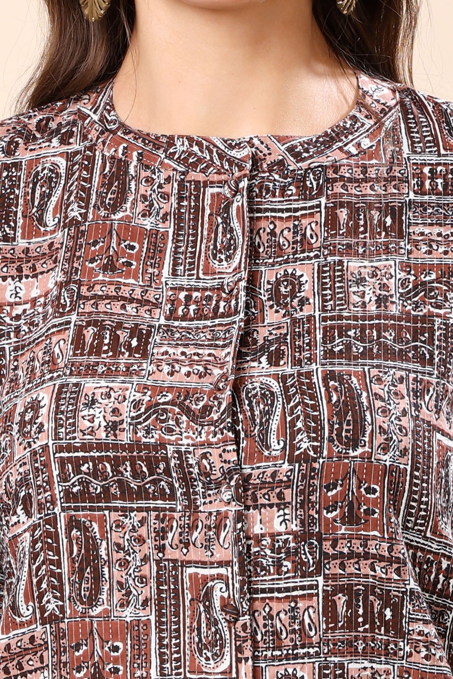 Close-up of Rabric Women’s Shirt Top Fabric and Print Details