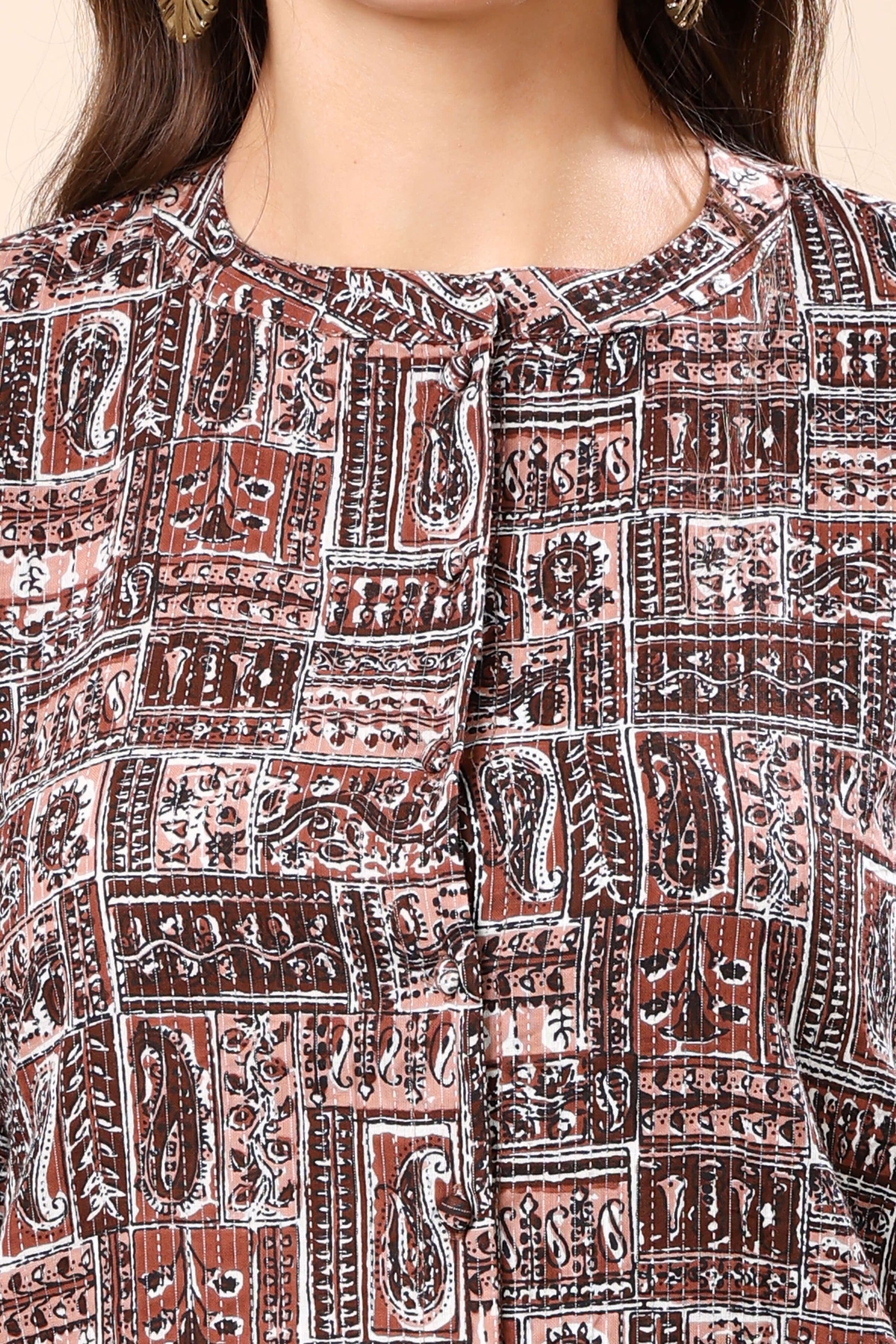 Close-up of Rabric Women’s Shirt Top Fabric and Print Details