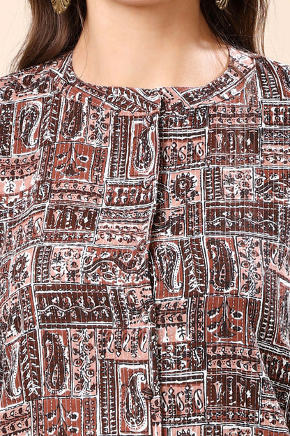 Close-up of Rabric Women’s Shirt Top Fabric and Print Details