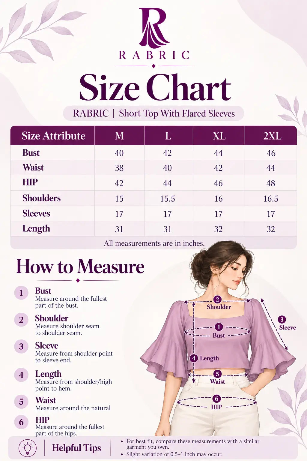 RABRIC short top with flared sleeves size chart for M to 2XL with bust, waist, hip, shoulder, sleeve and length measurements