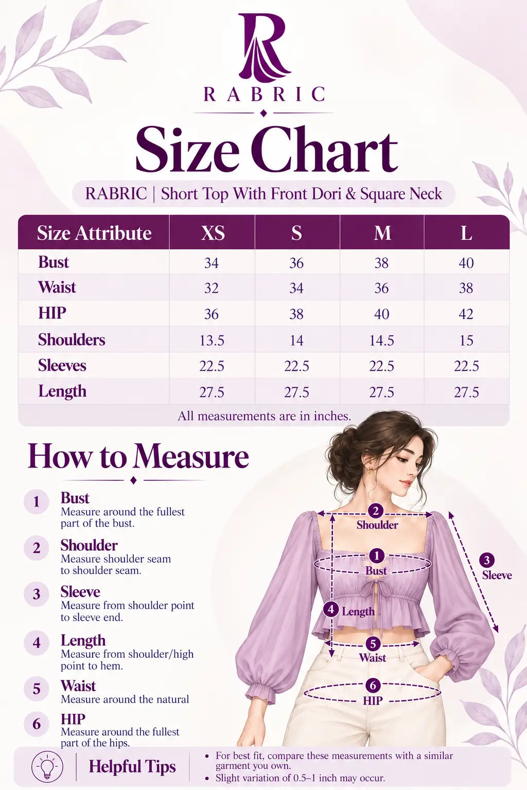 RABRIC short top with front dori and square neck size chart for XS to L with bust, waist, hip, shoulder, sleeve and length measurements