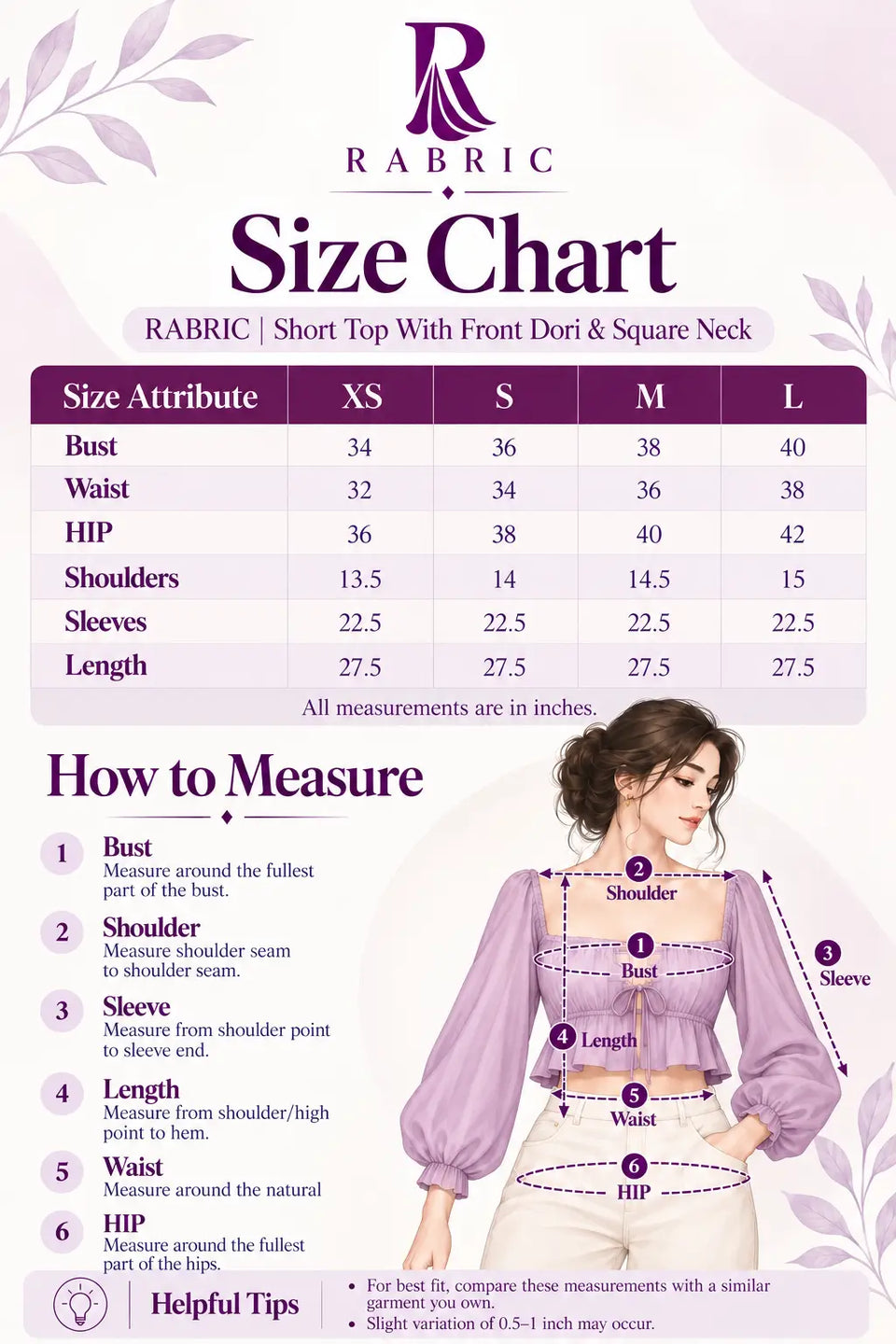 RABRIC short top with front dori and square neck size chart for XS to L with bust, waist, hip, shoulder, sleeve and length measurements