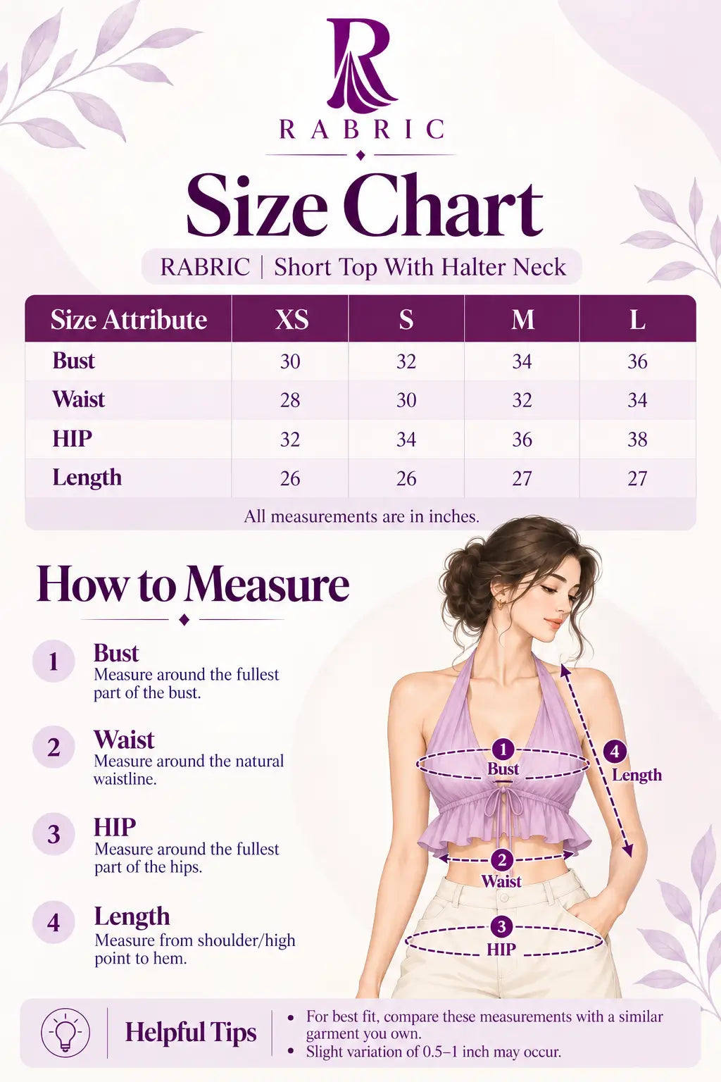 RABRIC short top with halter neck size chart for XS to L with bust, waist, hip and length measurements