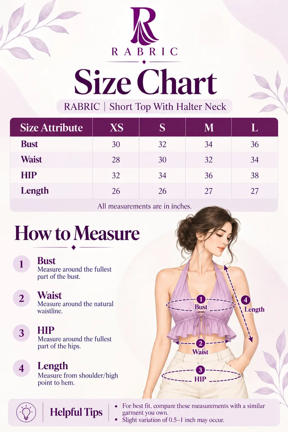 RABRIC short top with halter neck size chart for XS to L with bust, waist, hip and length measurements