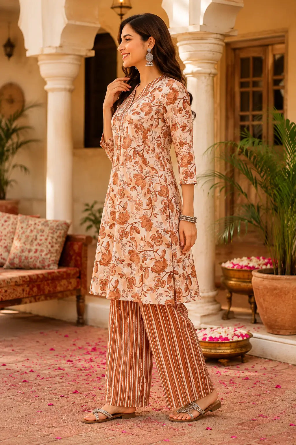 Side angle view of Rabric beige brown floral cotton kurta with striped palazzo pants for women