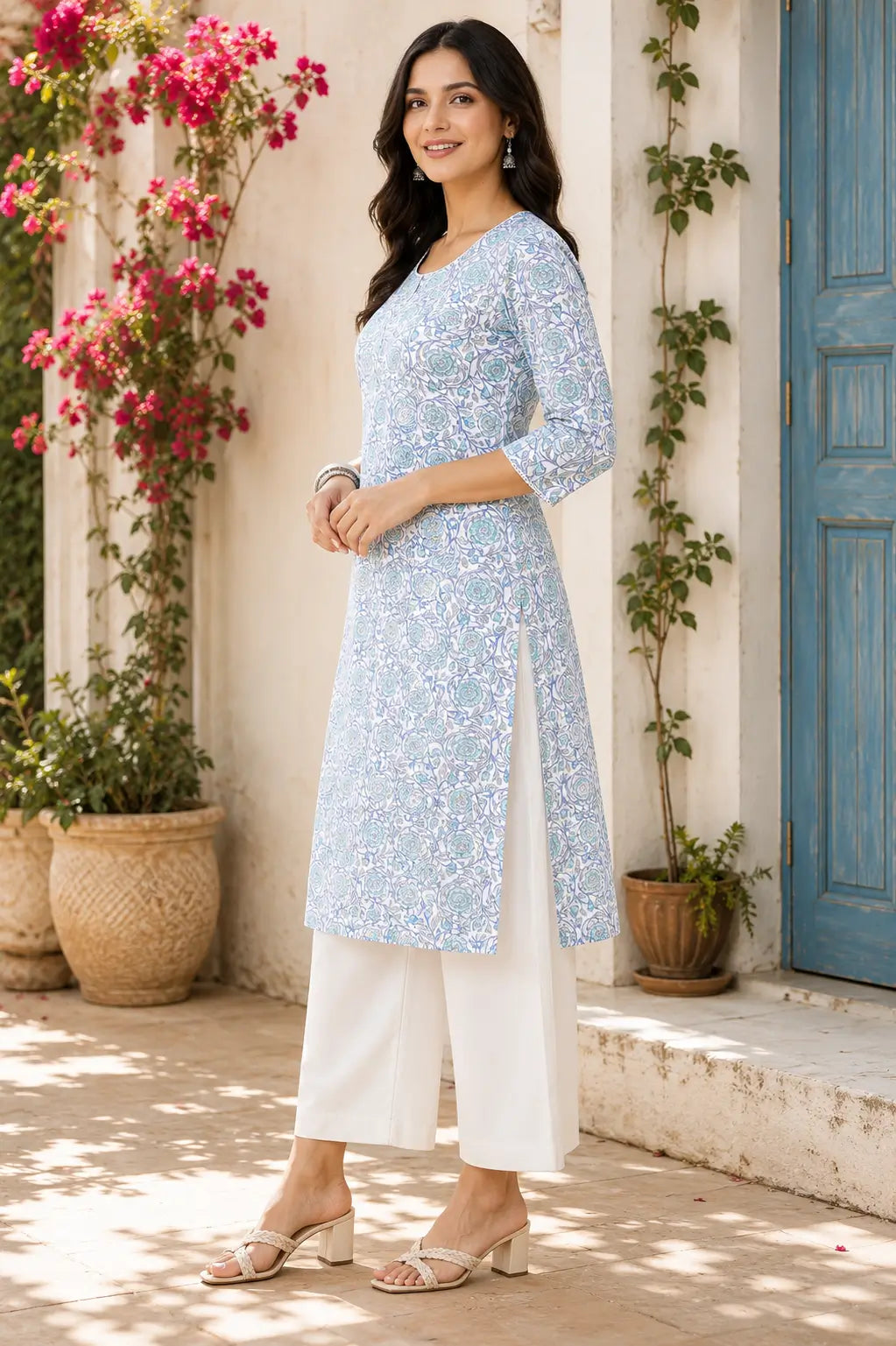 Side angle of Rabric blue white floral cotton kurti for women with side slit and stylish ethnic summer fashion