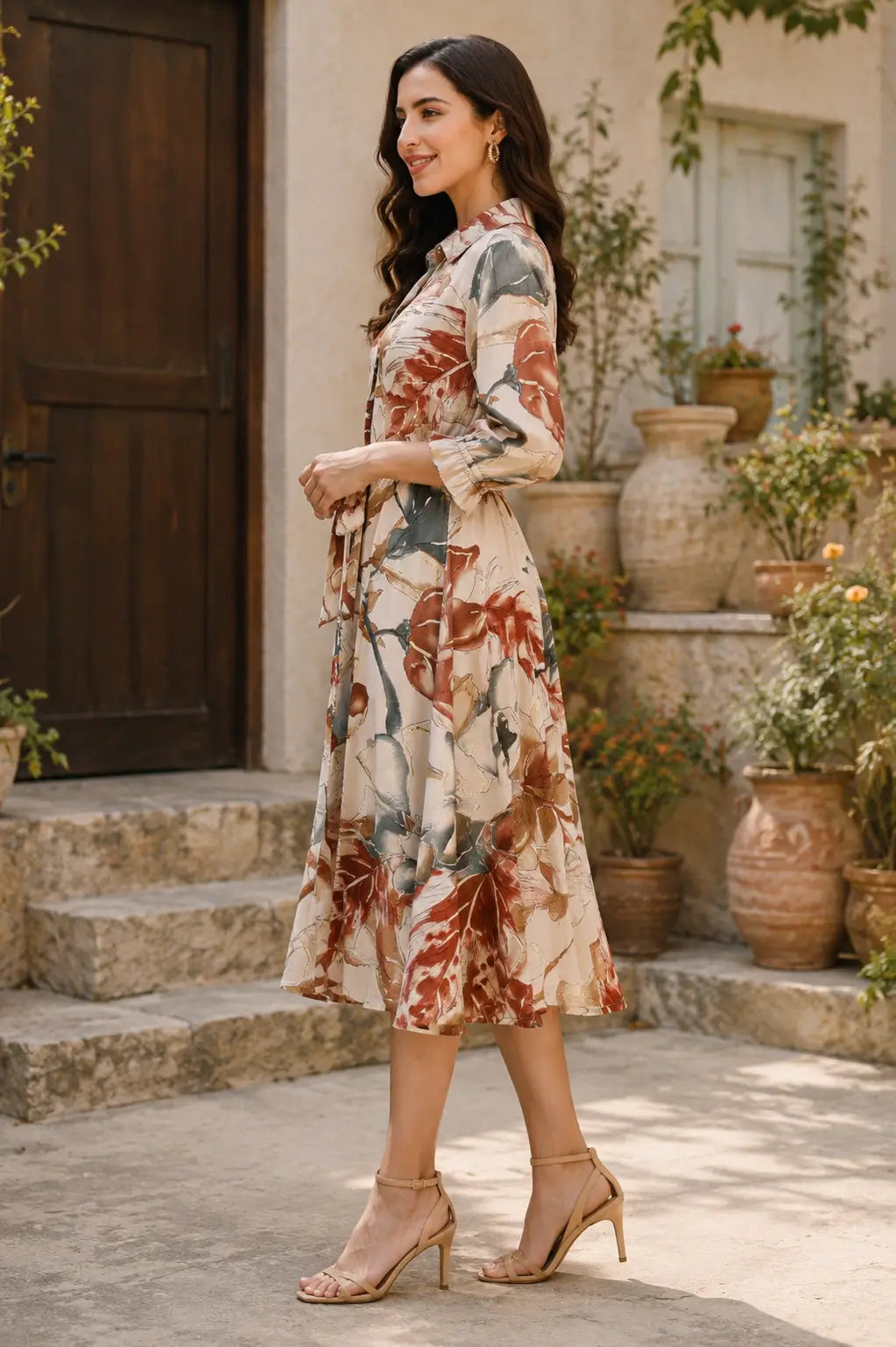 Side angle of Rabric beige rust floral rayon kurti dress for women with flowy flare and midi length