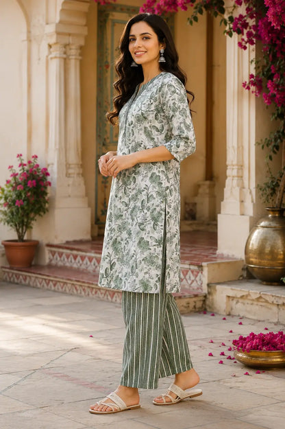Side angle women cotton kurta pant set in green floral print with striped pants