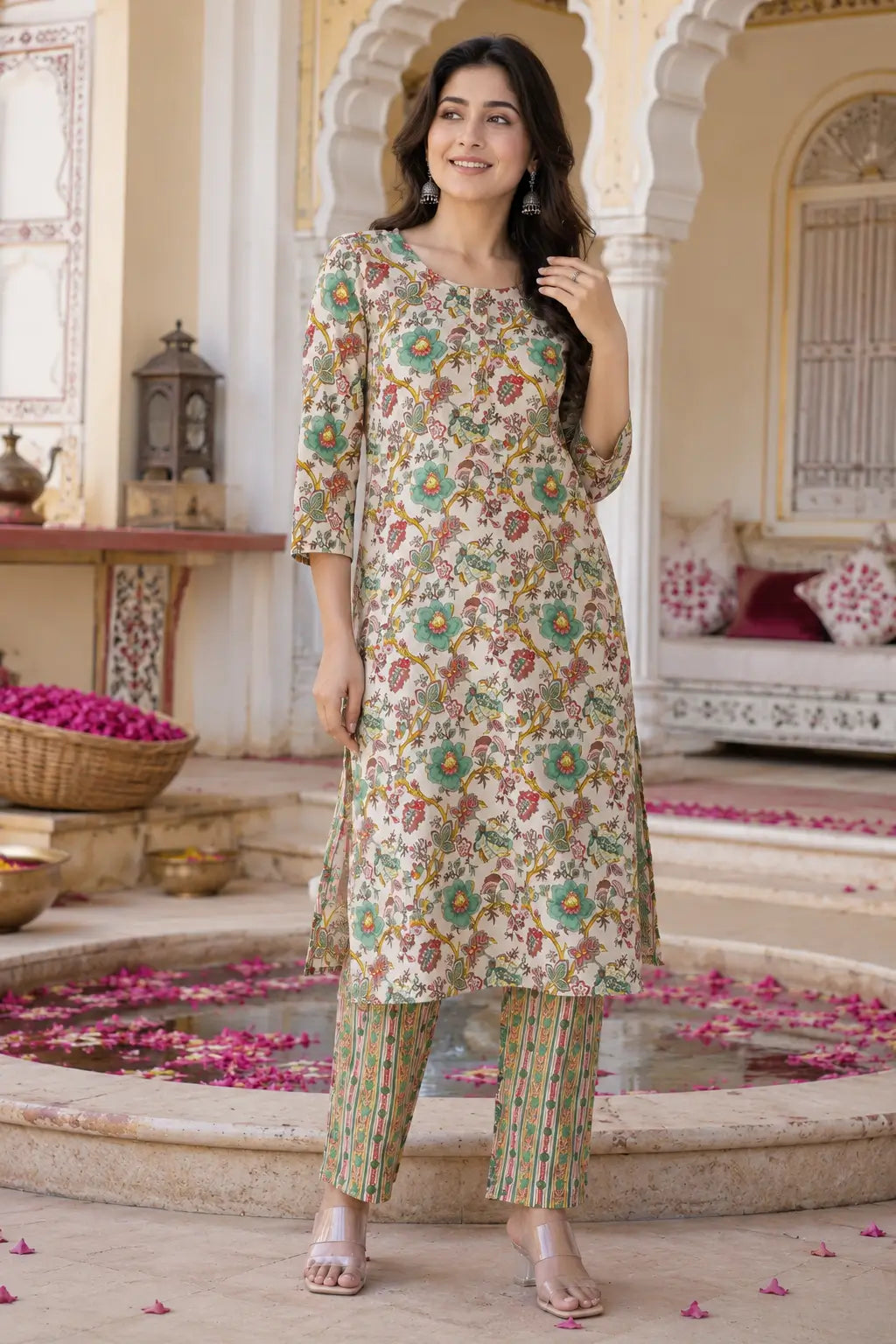 Side angle view of Rabric floral cotton kurta pant set for women in cream color with printed straight kurta and striped pants