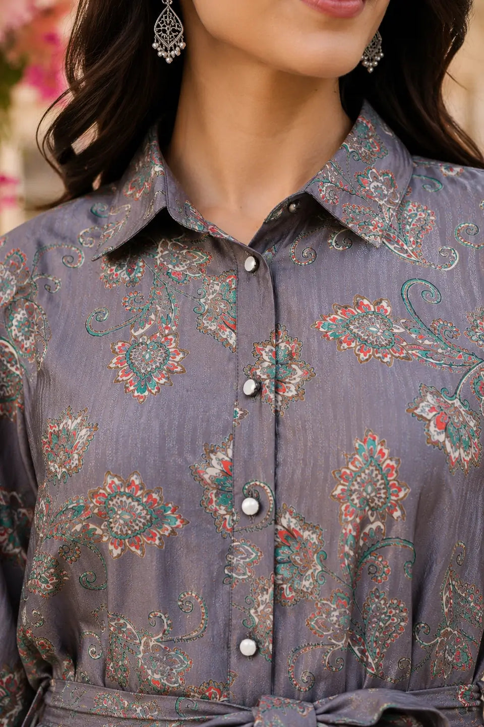 Close-up of grey paisley printed Vertican Silk fabric