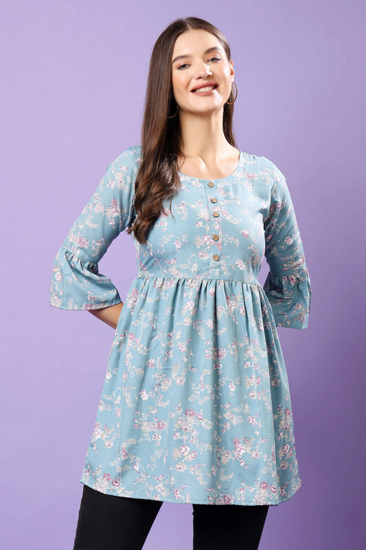 Rabric Sky Blue Floral Short Kurti Front View