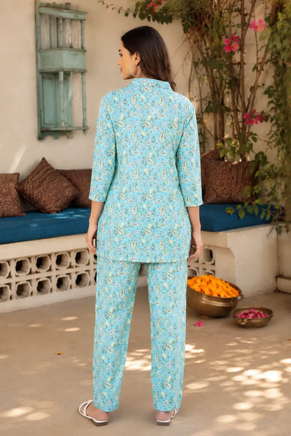 Back view of Rabric women’s sky blue rayon floral paisley co-ord set with short shirt and matching straight pants