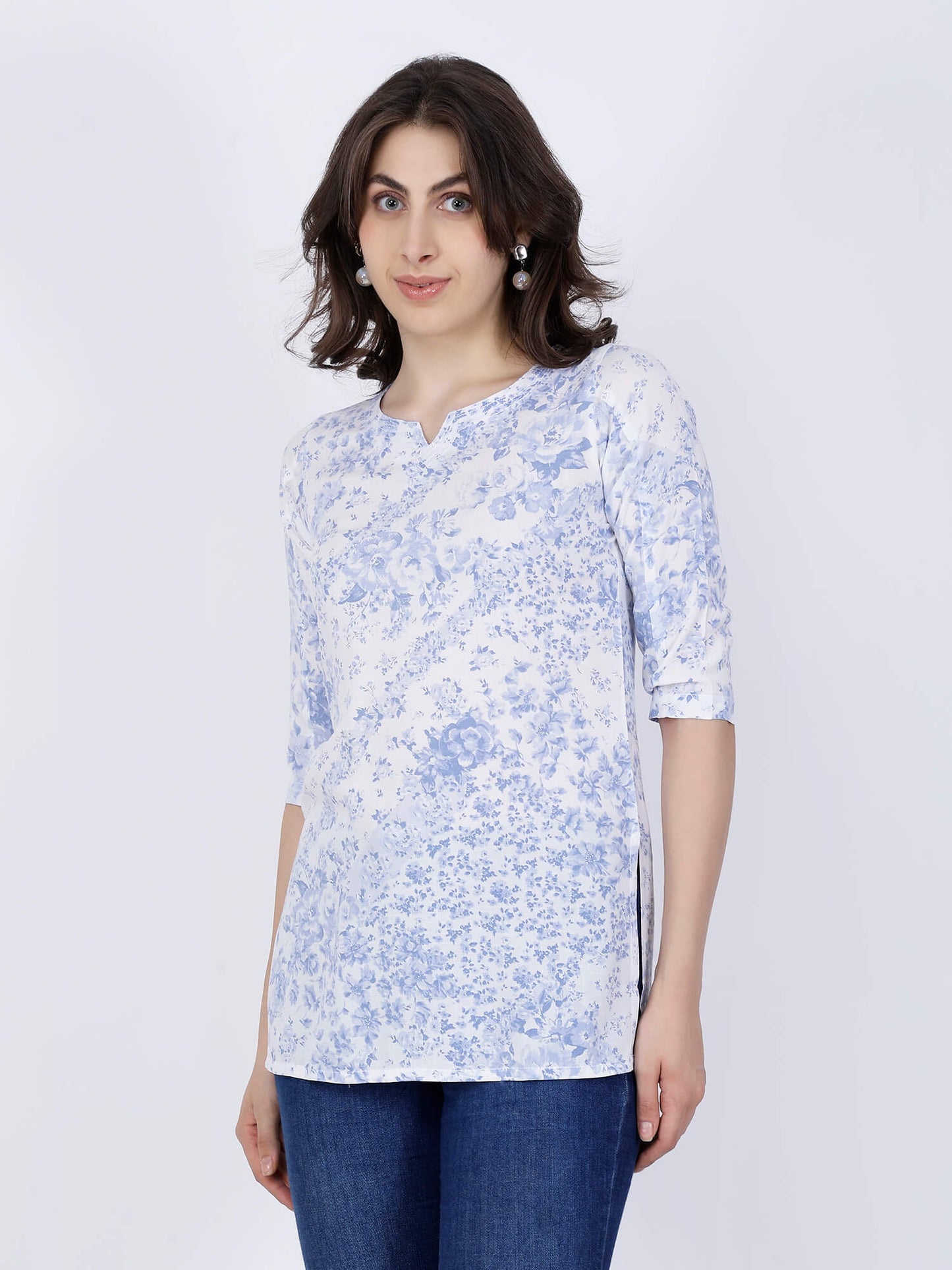 Side view of Rabric sky blue floral short kurti for women