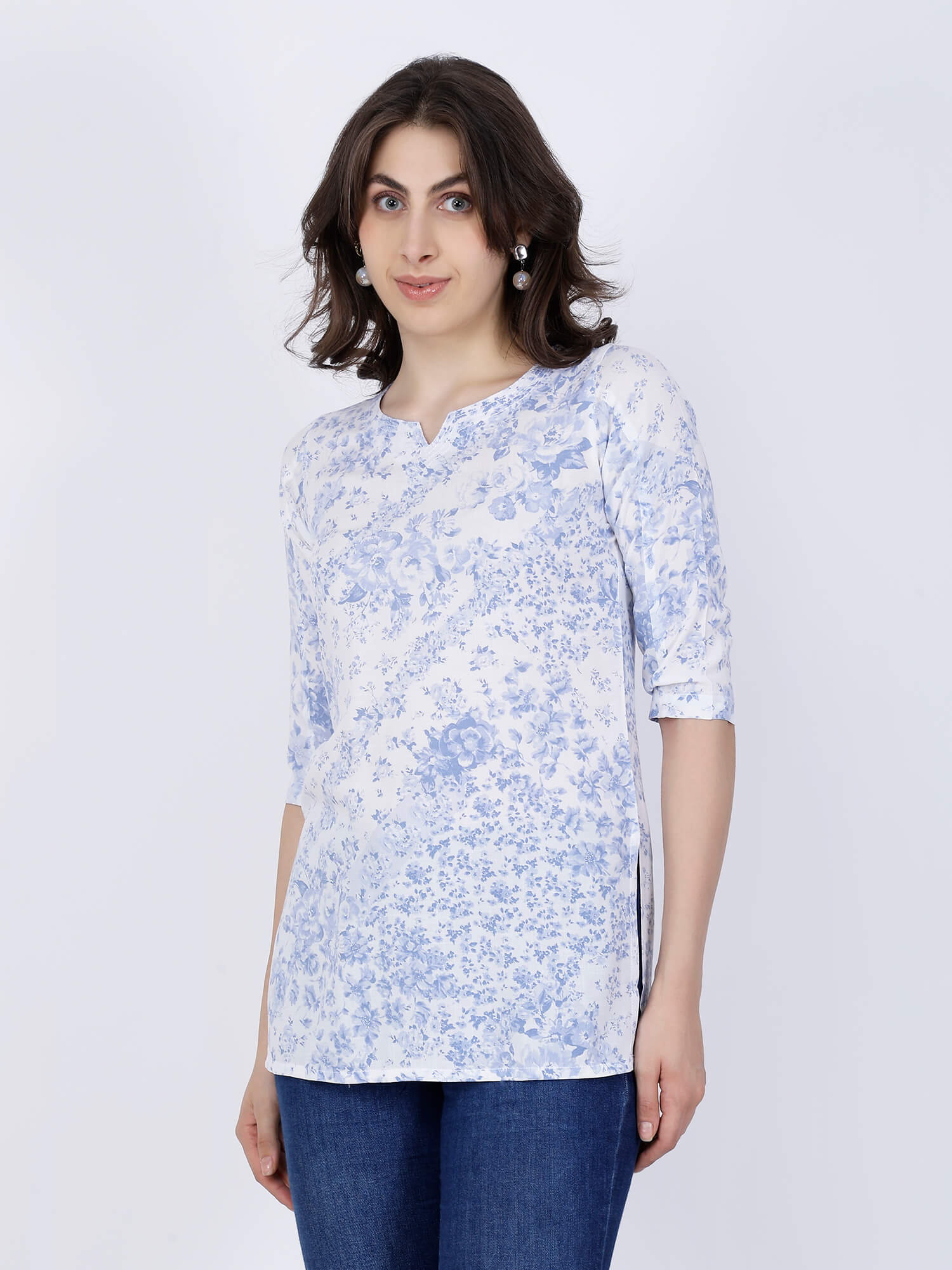 Side view of Rabric sky blue floral short kurti for women