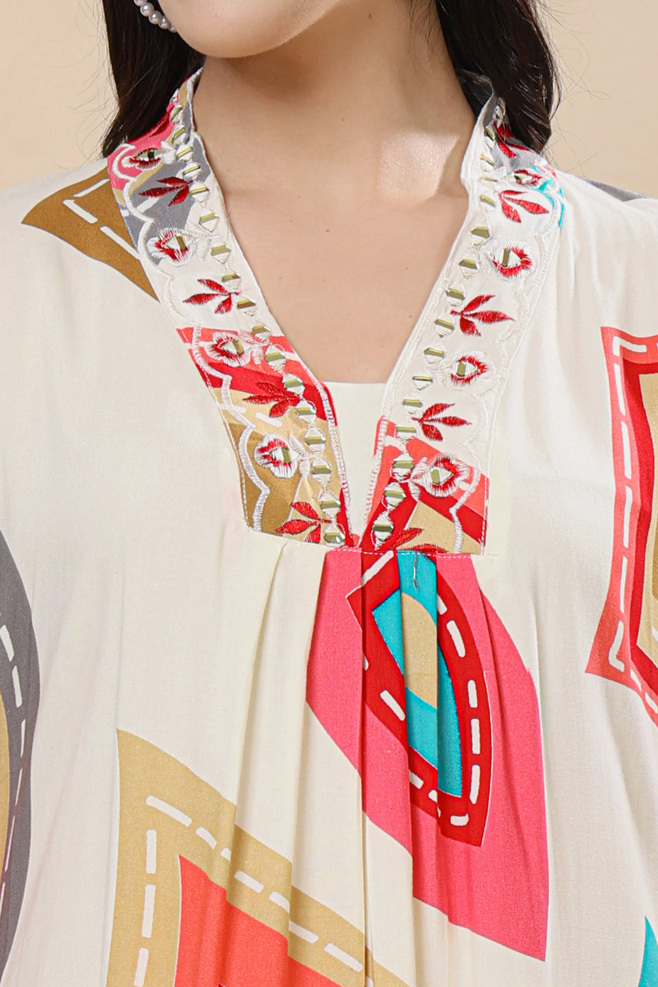 Close-up of soft cotton kurti with embroidered V-neckline from Rabric women printed co-ord set