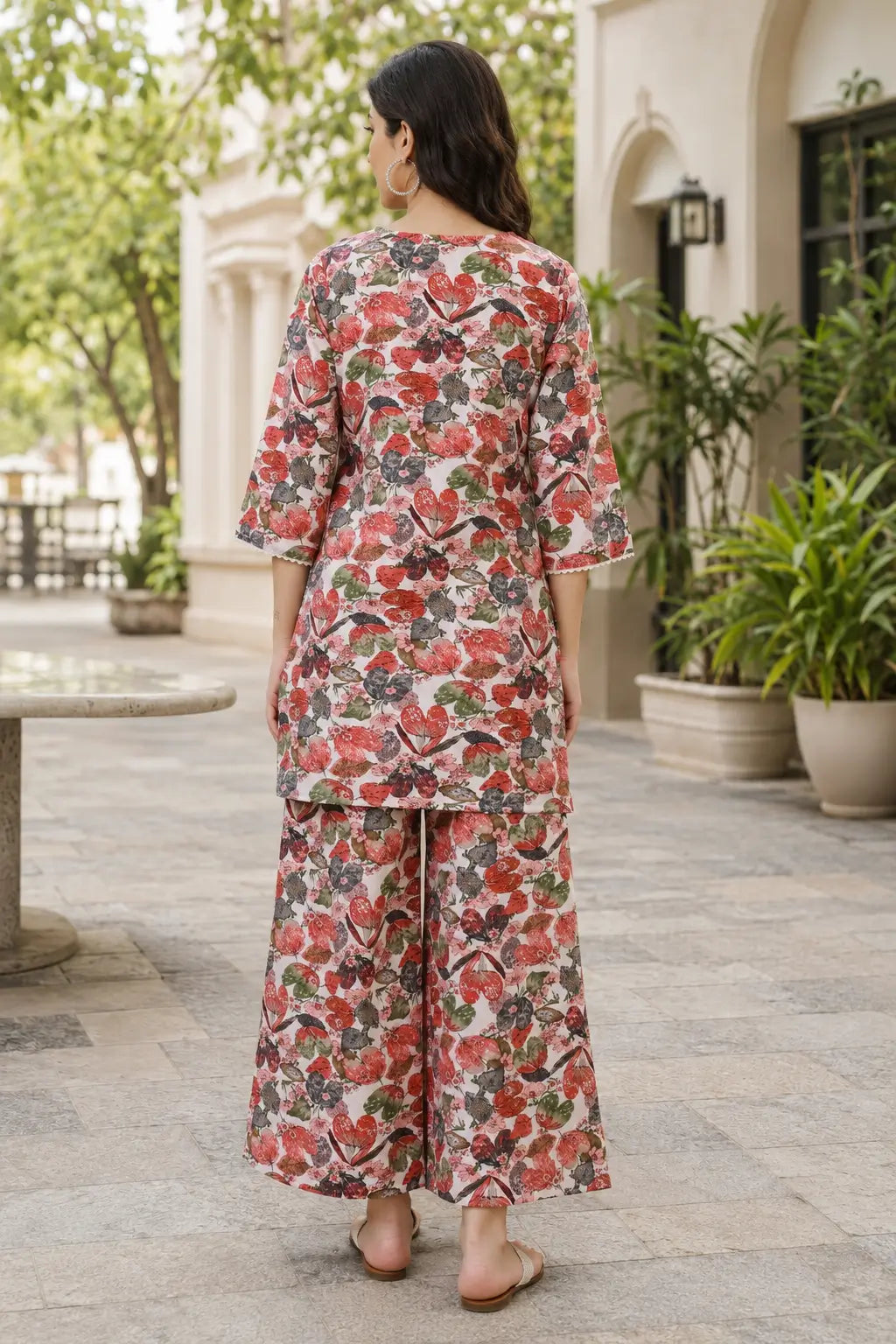 Back view of Rabric women's soft pink cotton floral botanical print co-ord set with short tunic top, 3/4 sleeves and matching wide leg cotton palazzo pants