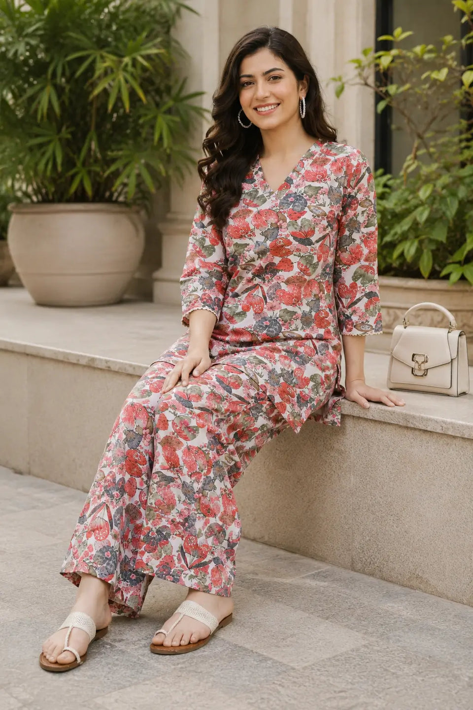 Indian woman in Rabric soft pink cotton floral printed co-ord set featuring multicolor flower print, V-neck top and wide leg palazzo pants in sitting pose