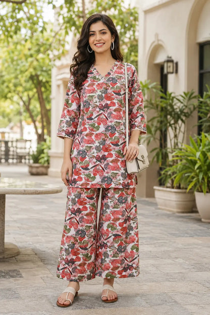 Rabric women's soft pink cotton floral printed co-ord set featuring multicolor botanical floral print, V-neck short tunic with 3/4 sleeves and matching wide leg palazzo pants front view